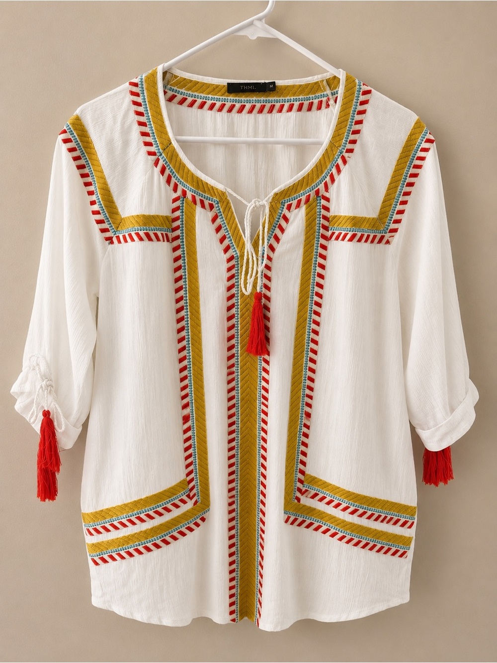 THML White Boho Tunic with Red Tassels & Mustard Trim